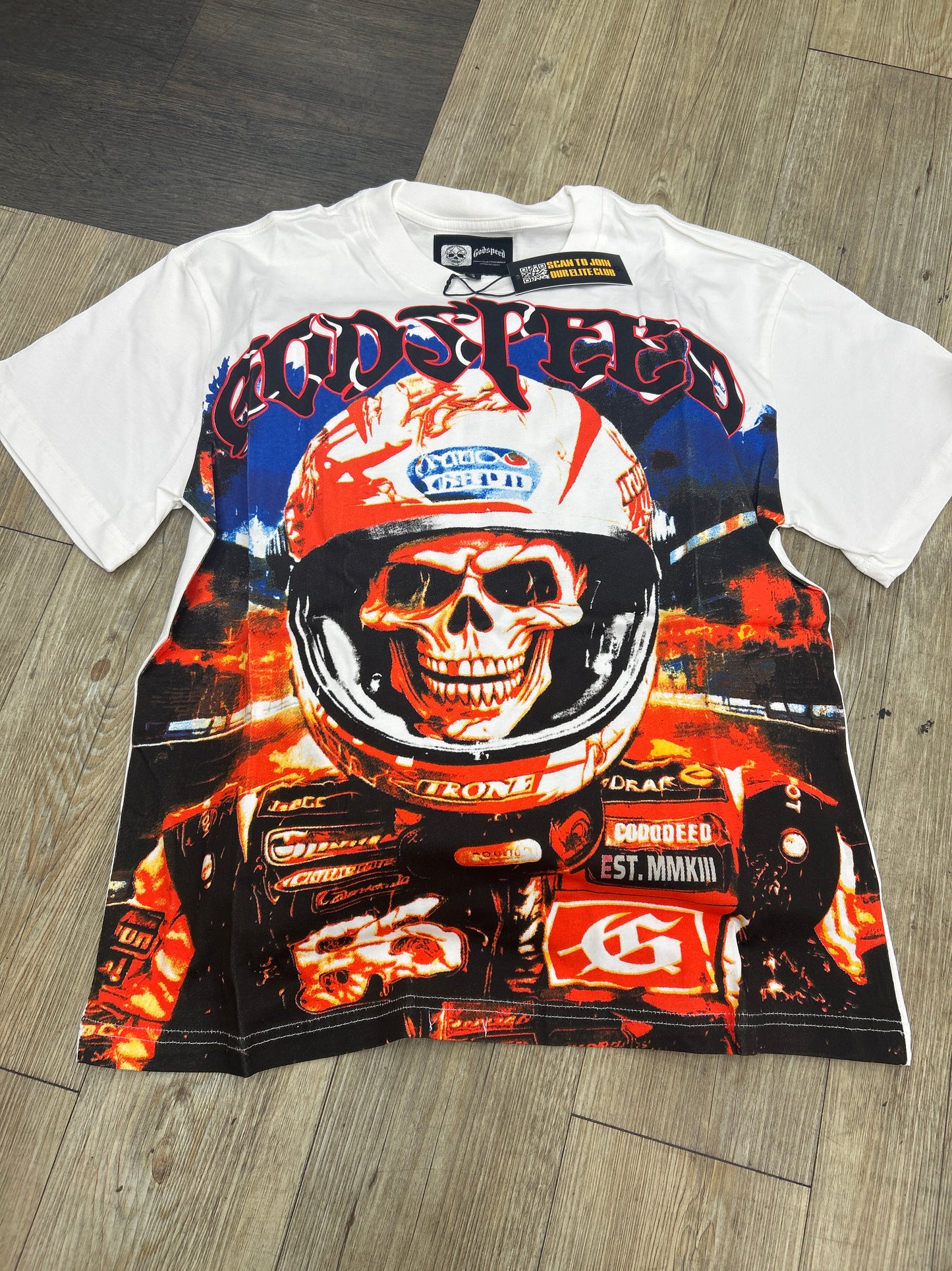 God Speed white skeleton, race car helmet 