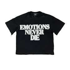 Mixed Emotion #25 black rhinestone “emotion never dies” tee