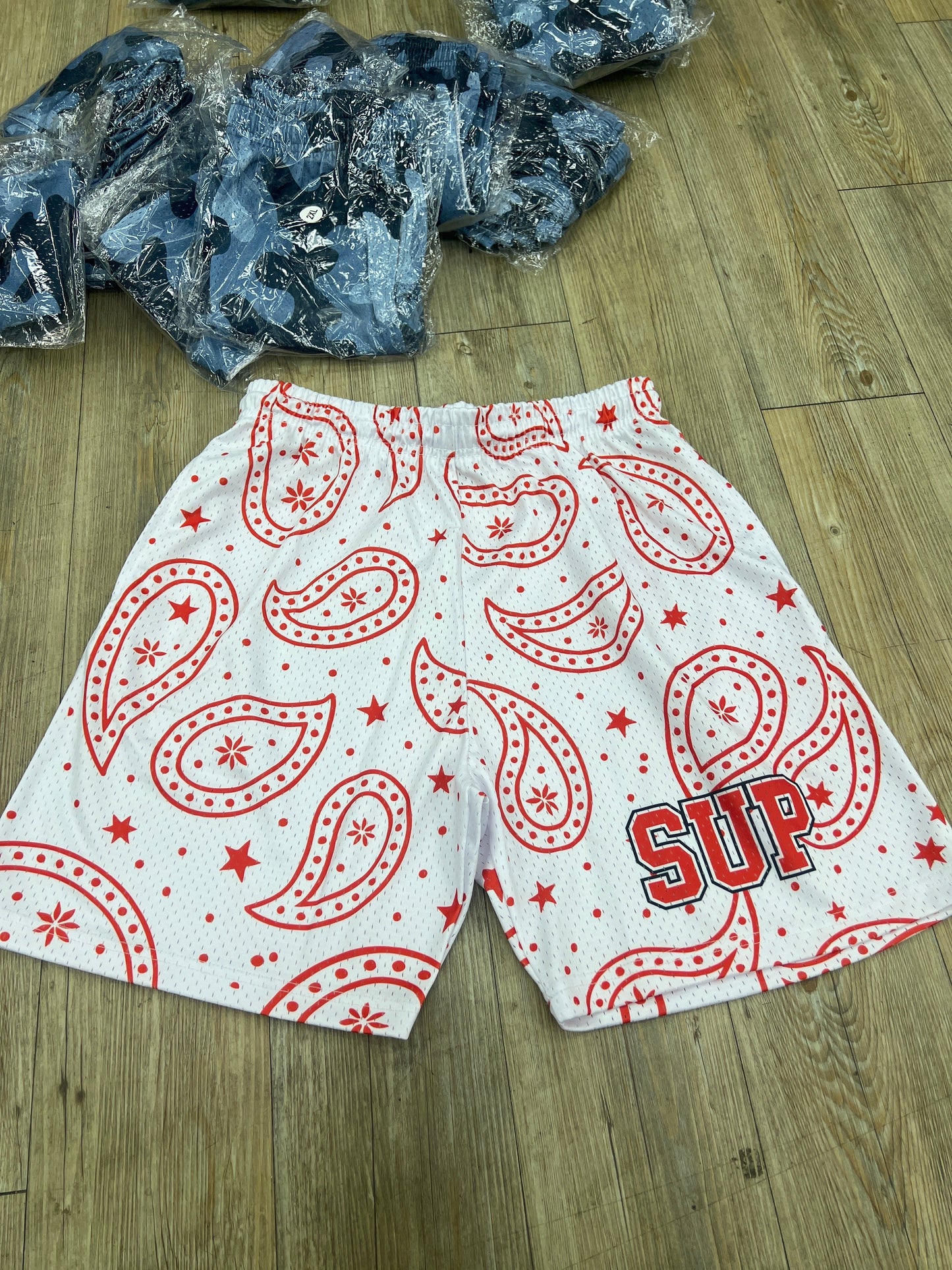SUP white and red bandanna shorts